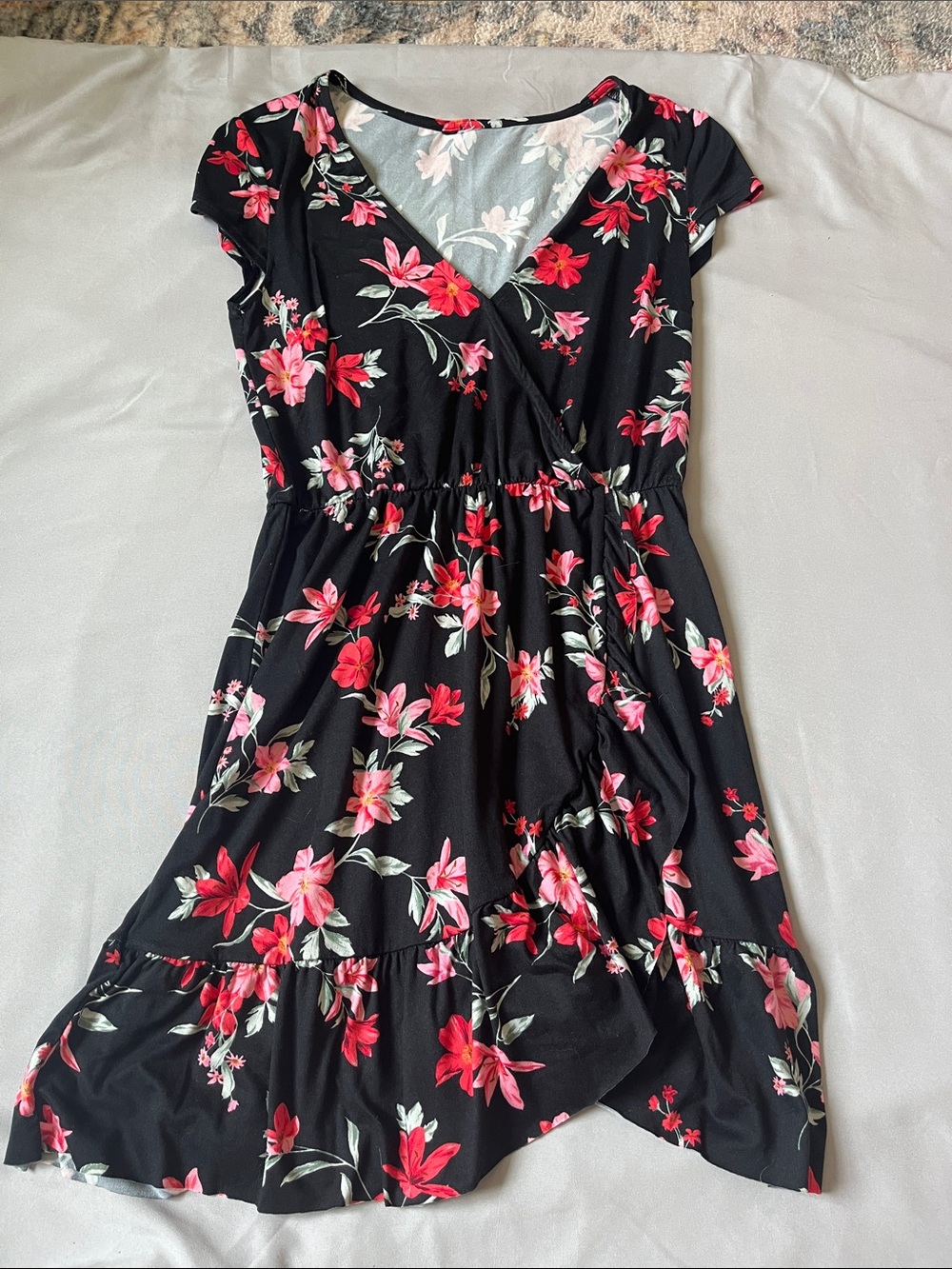 Black Floral V-Neck Women’s Dress with Pink & Red Flowers